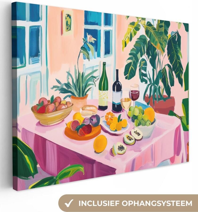 OneMillionCanvasses Canvas schilderij 160x120 cm Exclusieve wanddecoratie Tafel Wijn Fruit Muurdecoratie woonkamer Slaapkamer decoratie Kamer accessoires Schilderijen op canvas Eclectisch Aesthetic room decor