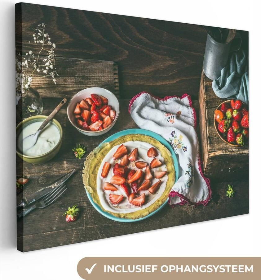 OneMillionCanvasses Canvas schilderij 160x120 cm Wanddecoratie Aardbei Rustiek Fruit Rustiek Bloemen Muurdecoratie woonkamer Slaapkamer decoratie Kamer accessoires Schilderijen