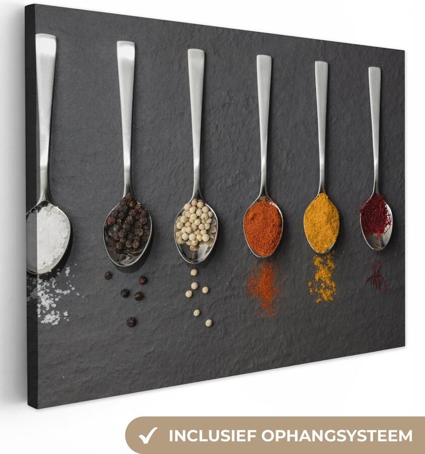 OneMillionCanvasses Canvas Schilderij Specerijen Lepels Tafel Rustiek Kruiden 40x30 cm Wanddecoratie