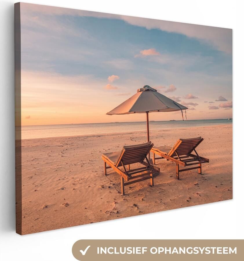 OneMillionCanvasses Canvas schilderij 160x120 cm Wanddecoratie Strand Ligbed Parasol Muurdecoratie woonkamer Slaapkamer decoratie Kamer accessoires Schilderijen op canvas