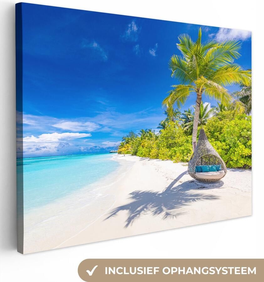 OneMillionCanvasses Canvas schilderij 120x90 cm Wanddecoratie Strand Palm Hangstoel Muurdecoratie woonkamer Slaapkamer decoratie Kamer accessoires Schilderijen op canvas