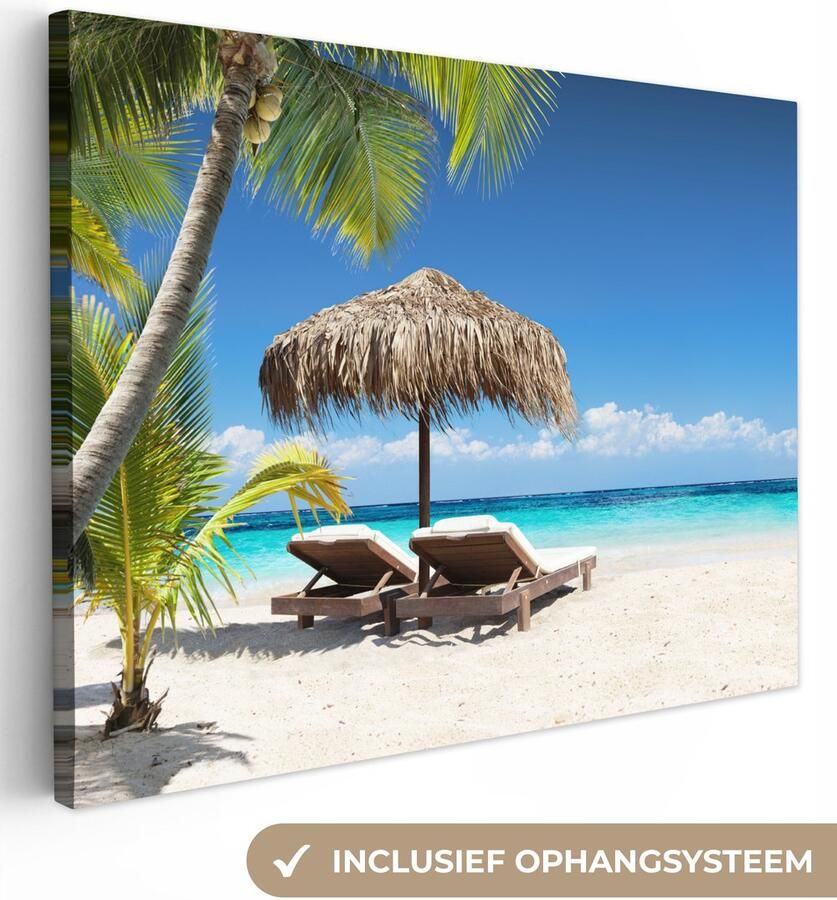 OneMillionCanvasses Canvas schilderij 160x120 cm Wanddecoratie Strand Parasol Zee Muurdecoratie woonkamer Slaapkamer decoratie Kamer accessoires Schilderijen op canvas