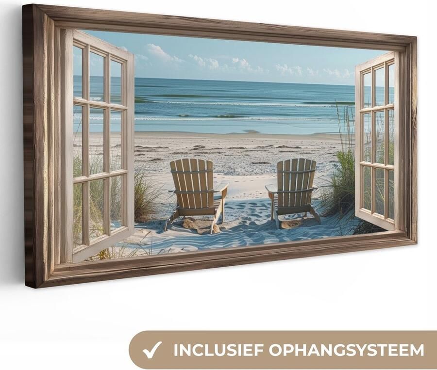 OneMillionCanvasses Canvas schilderij 160x80 cm Exclusieve wanddecoratie Doorkijk Strandstoelen Duinen Zee Natuur Muurdecoratie woonkamer Slaapkamer decoratie Kamer accessoires Schilderijen op canvas