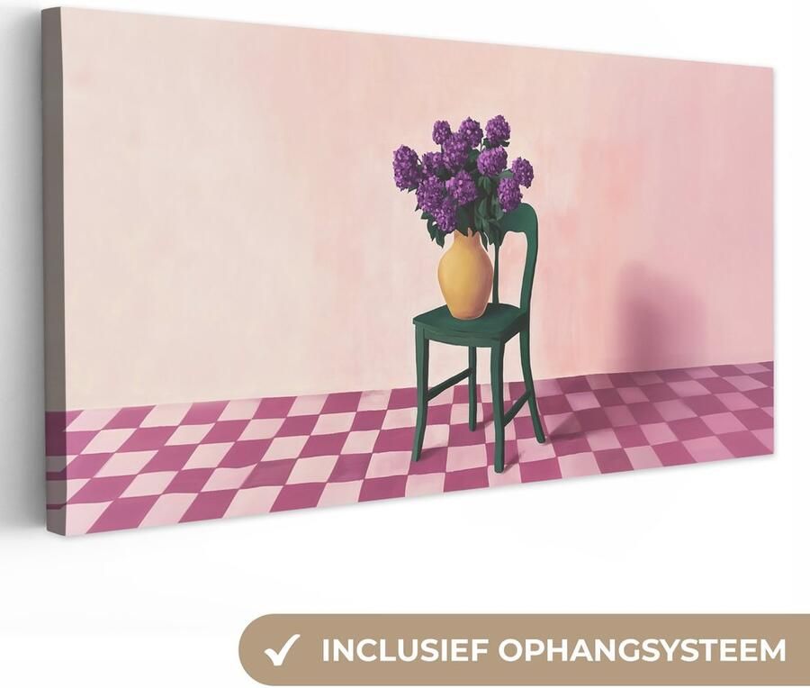 OneMillionCanvasses Canvas schilderij 160x80 cm Exclusieve wanddecoratie Stoel Vaas Bloemen Geblokt Muurdecoratie woonkamer Slaapkamer decoratie Kamer accessoires Schilderijen op canvas