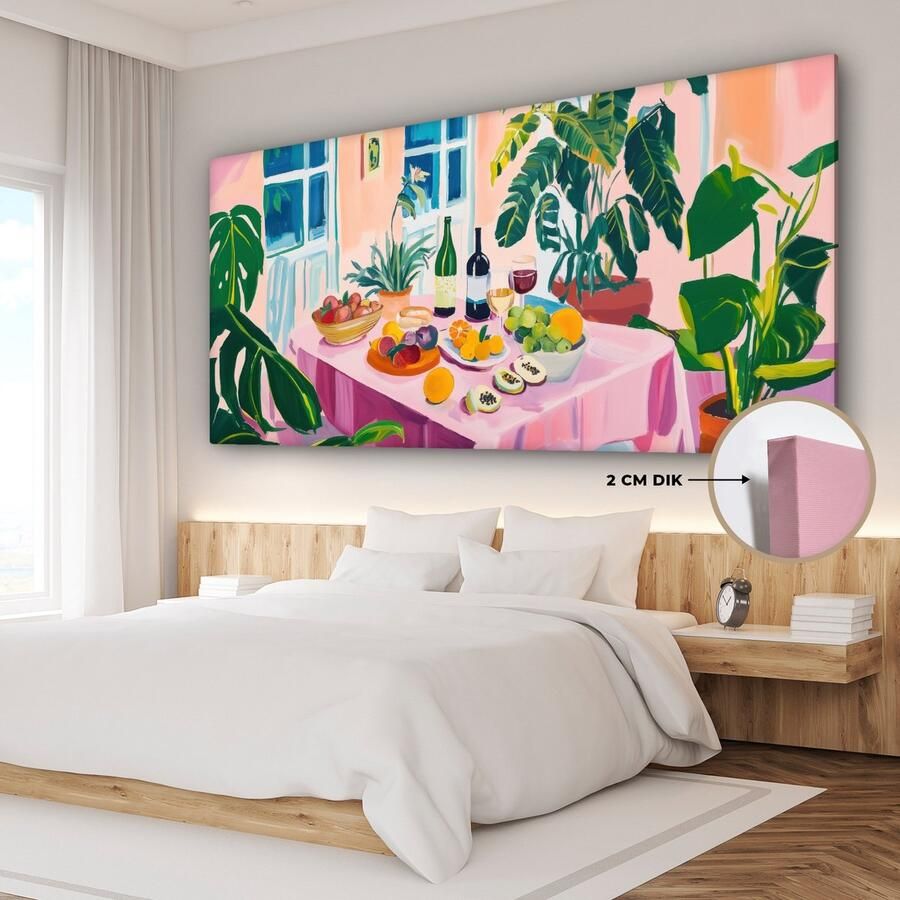 OneMillionCanvasses Canvas schilderij 160x80 cm Exclusieve wanddecoratie Tafel Wijn Fruit Muurdecoratie woonkamer Slaapkamer decoratie Kamer accessoires Schilderijen op canvas Eclectisch Aesthetic room decor - Foto 2