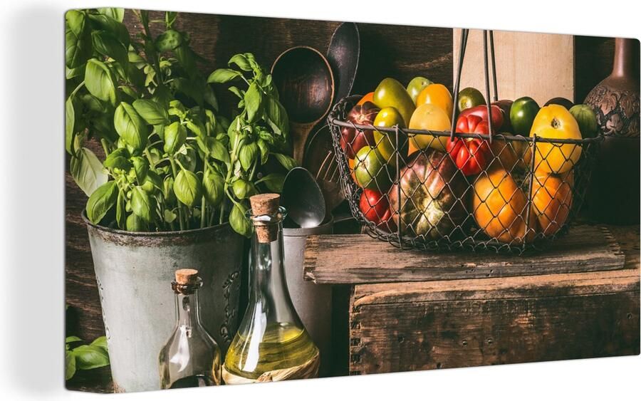 OneMillionCanvasses Canvas schilderij 160x80 cm Wanddecoratie Groente Kruiden Rustiek Stilleven Basilicum Muurdecoratie woonkamer Slaapkamer decoratie Kamer accessoires Schilderijen