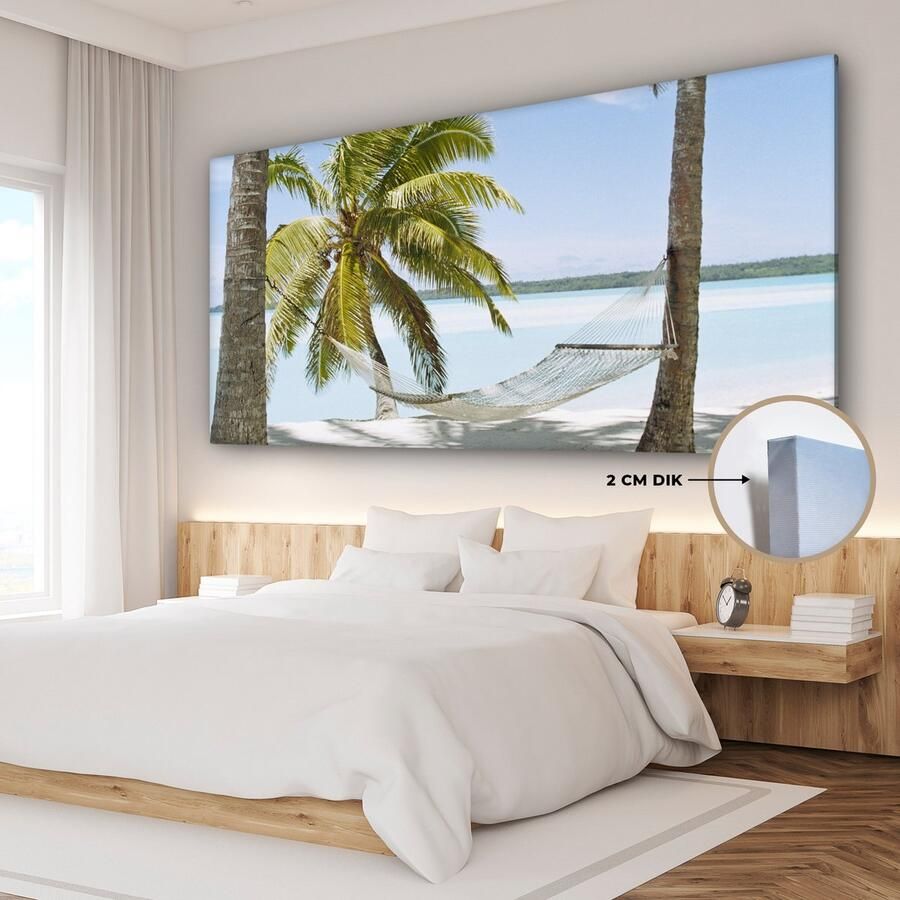 OneMillionCanvasses Canvas schilderij 160x80 cm Wanddecoratie Palmboom Hangmat Zand Muurdecoratie woonkamer Slaapkamer decoratie Kamer accessoires Schilderijen