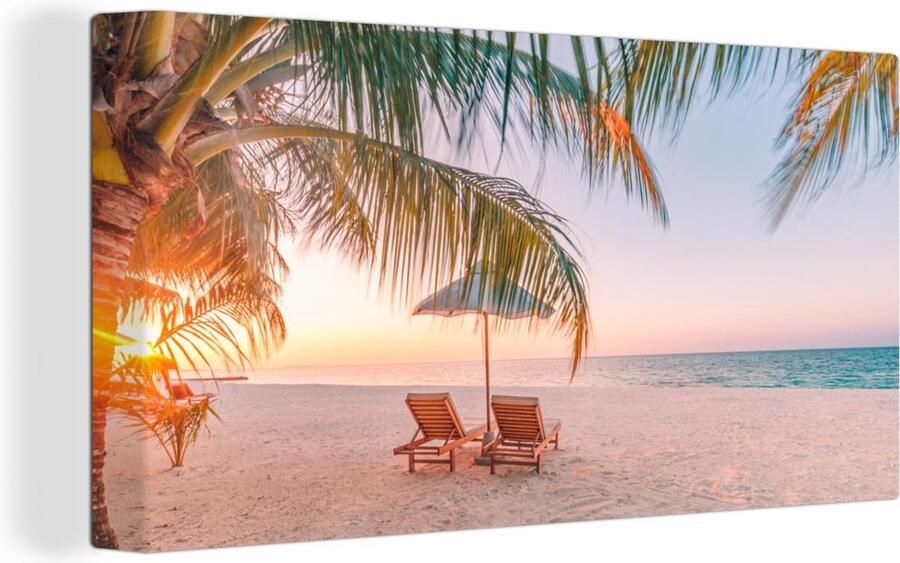 OneMillionCanvasses Canvas schilderij 160x80 cm Wanddecoratie Strand Palmbomen Parasol Muurdecoratie woonkamer Slaapkamer decoratie Kamer accessoires Schilderijen op canvas - Foto 2