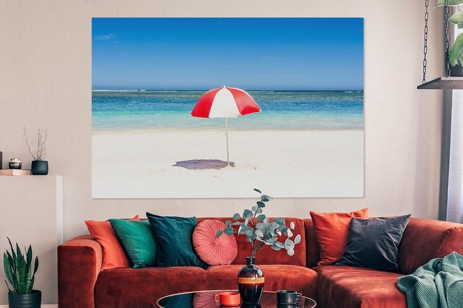 OneMillionCanvasses Canvas schilderij 180x120 cm Wanddecoratie Parasol op het witte strand van de Kust van Ningaloo Muurdecoratie woonkamer Slaapkamer decoratie Kamer accessoires Schilderijen