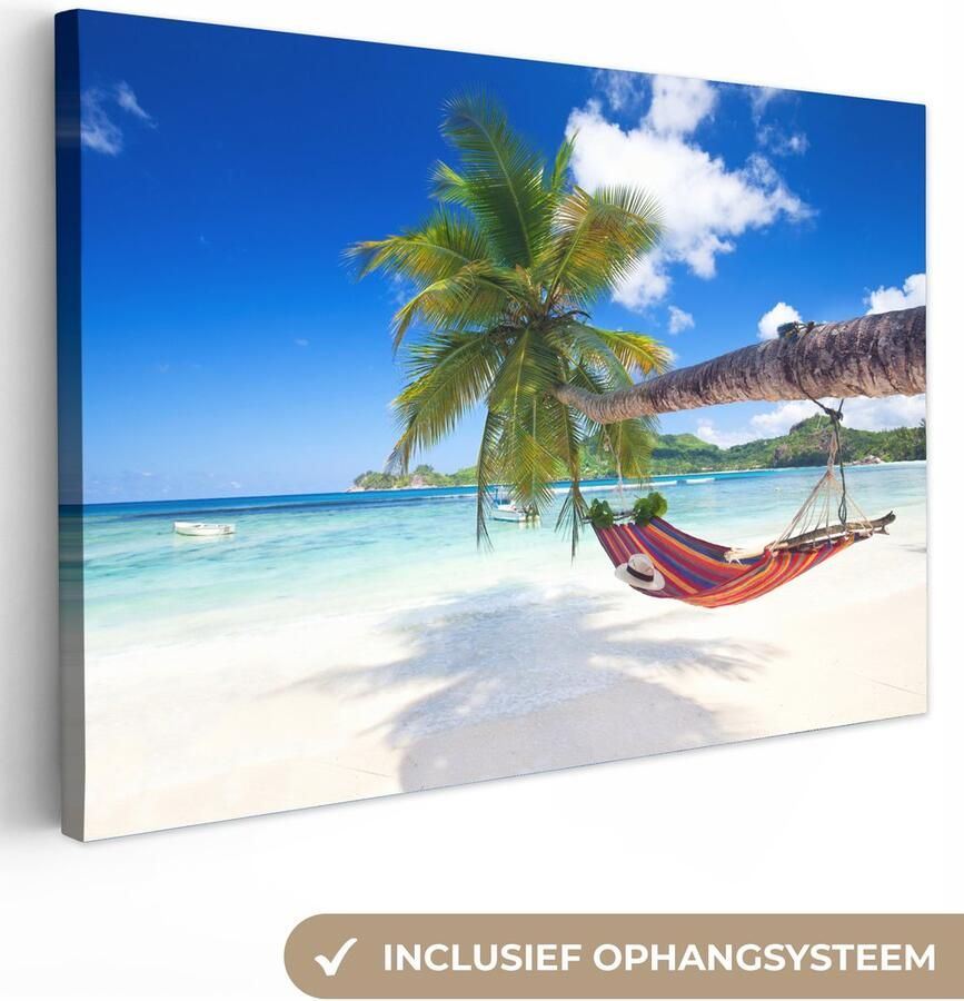 OneMillionCanvasses Canvas schilderij 90x60 cm Wanddecoratie Strand Hangmat Zee Palmboom Muurdecoratie woonkamer Slaapkamer decoratie Kamer accessoires Schilderijen op canvas