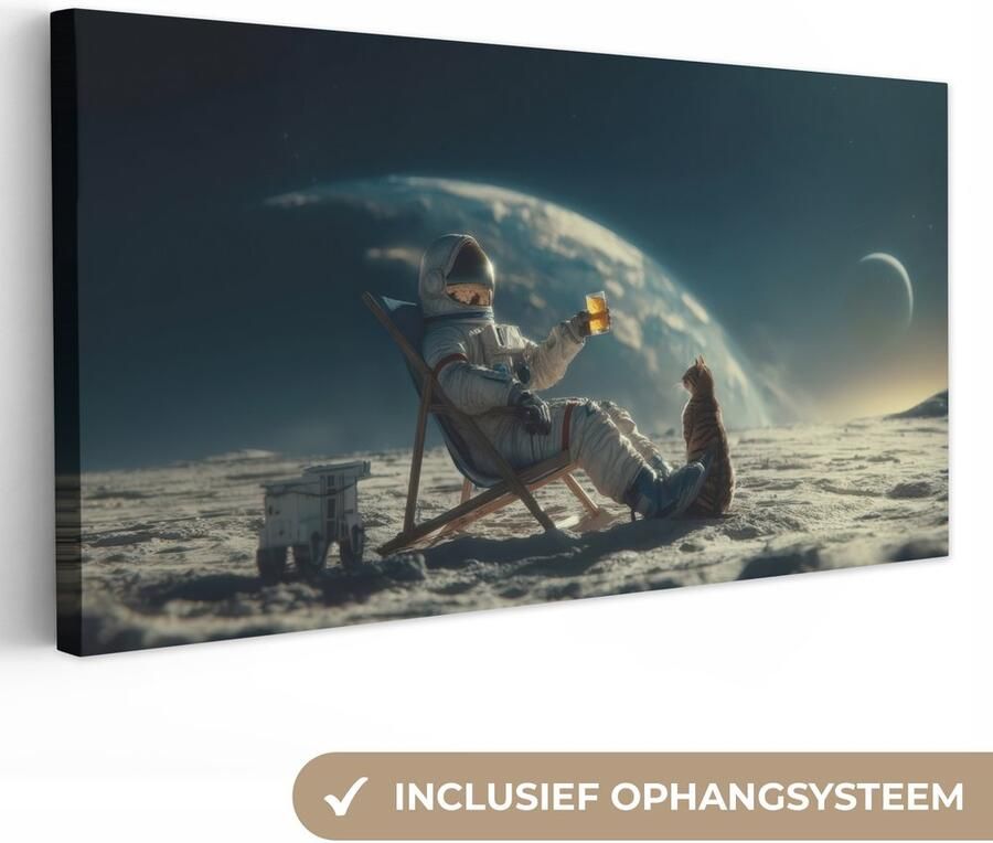 OneMillionCanvasses Canvas schilderij 200x100 cm Exclusieve wanddecoratie Astronaut Kat Glas Stoel Muurdecoratie woonkamer Slaapkamer decoratie Kamer accessoires Schilderijen op canvas