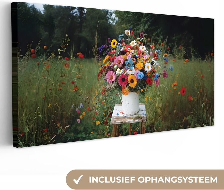 OneMillionCanvasses Canvas schilderij 100x50 cm Exclusieve wanddecoratie Bloemen Krukje Gieter Veld Muurdecoratie woonkamer Slaapkamer decoratie Kamer accessoires Schilderijen op canvas
