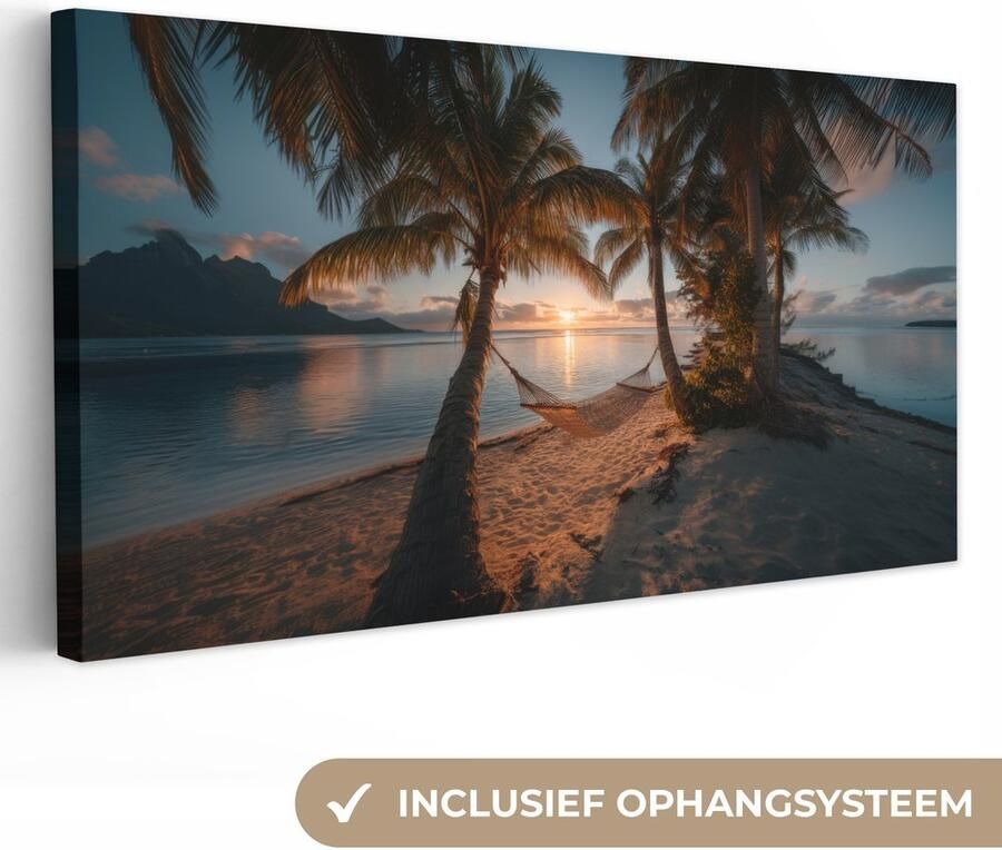 OneMillionCanvasses Canvas schilderij 100x50 cm Exclusieve wanddecoratie Palmbomen Hangmat Strand Zonsondergang Muurdecoratie woonkamer Slaapkamer decoratie Kamer accessoires Schilderijen op canvas