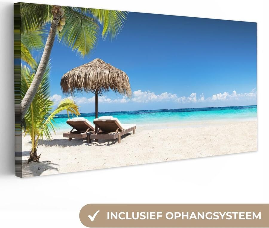 OneMillionCanvasses Canvas schilderij 200x100 cm Wanddecoratie Strand Parasol Zee Muurdecoratie woonkamer Slaapkamer decoratie Kamer accessoires Schilderijen op canvas