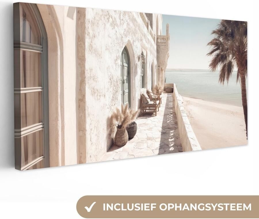 OneMillionCanvasses Canvas schilderij 160x80 cm Wanddecoratie Terras Stoelen Strand Beige Muurdecoratie woonkamer Slaapkamer decoratie Kamer accessoires Schilderijen op canvas