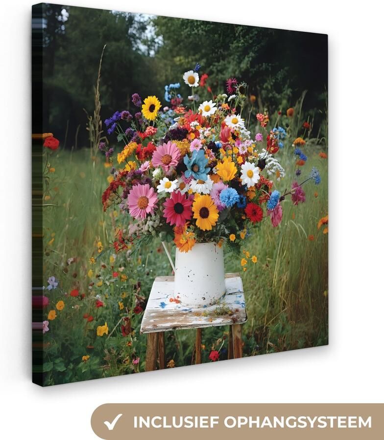 OneMillionCanvasses Canvas schilderij 90x90 cm Exclusieve wanddecoratie Bloemen Krukje Gieter Veld Muurdecoratie woonkamer Slaapkamer decoratie Kamer accessoires Schilderijen op canvas