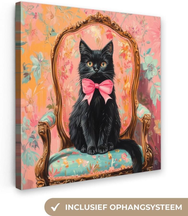 OneMillionCanvasses Canvas schilderij 90x90 cm Exclusieve wanddecoratie Kat Roze Stoel met bloemenmotief Muurdecoratie woonkamer Slaapkamer decoratie Kamer accessoires Schilderijen op canvas