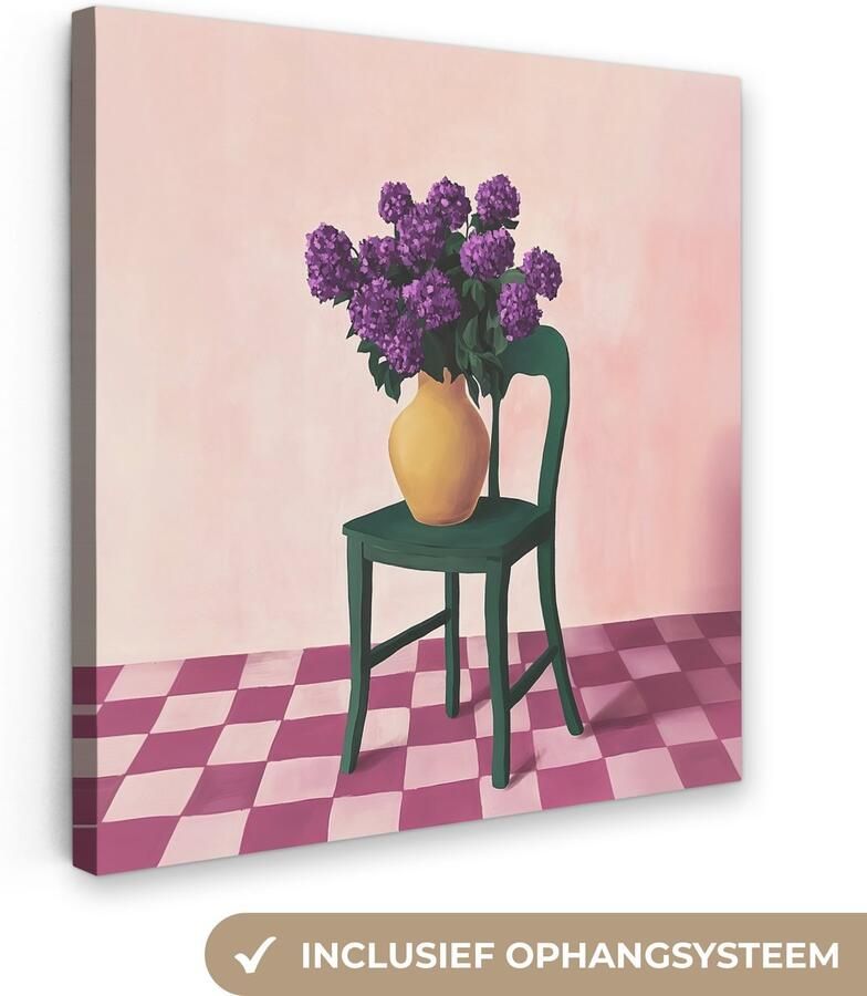 OneMillionCanvasses Canvas schilderij 90x90 cm Exclusieve wanddecoratie Stoel Vaas Bloemen Geblokt Muurdecoratie woonkamer Slaapkamer decoratie Kamer accessoires Schilderijen op canvas