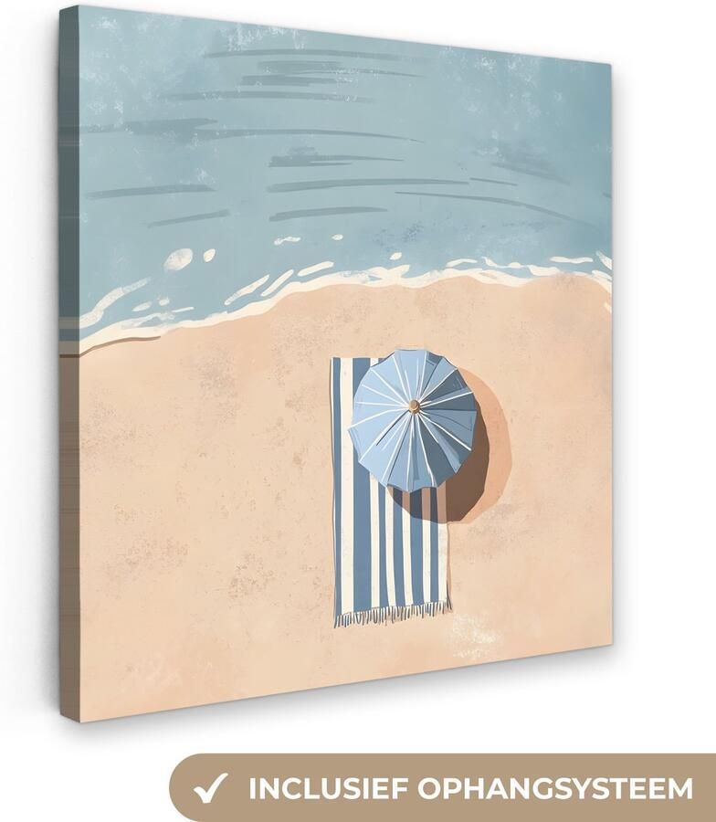 OneMillionCanvasses Canvas schilderij 90x90 cm Exclusieve wanddecoratie Strandlaken Strepen Parasol Strand Muurdecoratie woonkamer Slaapkamer decoratie Kamer accessoires Schilderijen op canvas