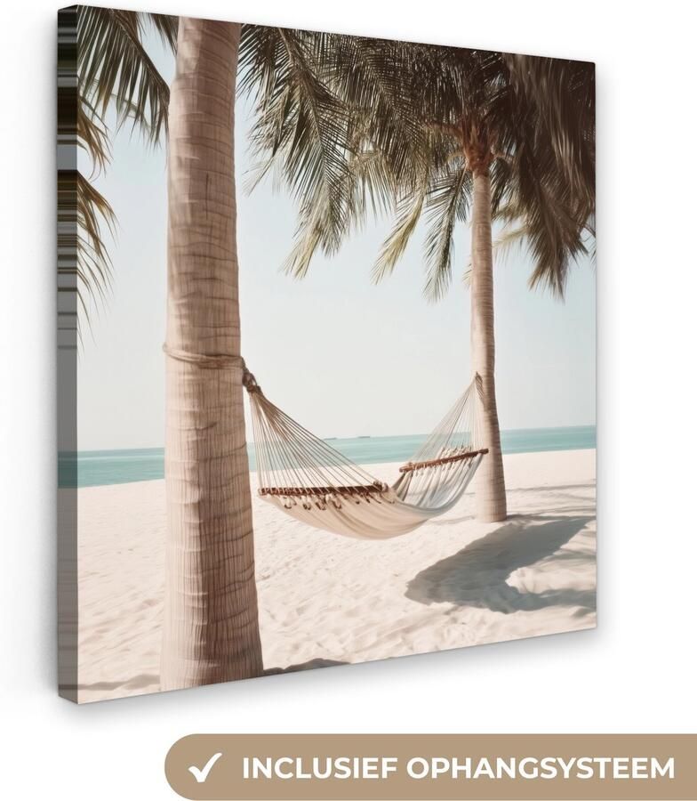 OneMillionCanvasses Canvas schilderij 90x90 cm Wanddecoratie Hangmat Palmbomen Strand Zee Muurdecoratie woonkamer Slaapkamer decoratie Kamer accessoires Schilderijen op canvas