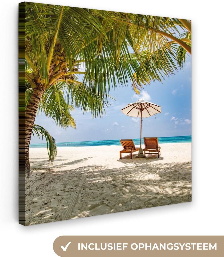 OneMillionCanvasses Canvas schilderij 90x90 cm Wanddecoratie Strand Strandstoel Parasol Muurdecoratie woonkamer Slaapkamer decoratie Kamer accessoires Schilderijen op canvas