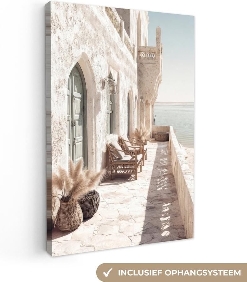 OneMillionCanvasses Canvas schilderij 40x60 cm Wanddecoratie Terras Stoelen Strand Beige Muurdecoratie woonkamer Slaapkamer decoratie Kamer accessoires Schilderijen op canvas