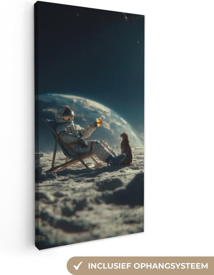 OneMillionCanvasses Canvas schilderij 80x160 cm Exclusieve wanddecoratie Astronaut Kat Glas Stoel Muurdecoratie woonkamer Slaapkamer decoratie Kamer accessoires Schilderijen op canvas