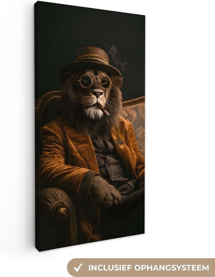OneMillionCanvasses Canvas schilderij 40x80 cm Exclusieve wanddecoratie Bril Leeuw Bank Hoed Muurdecoratie woonkamer Slaapkamer decoratie Kamer accessoires Schilderijen op canvas