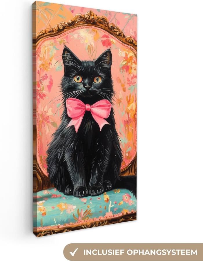 OneMillionCanvasses Canvas schilderij 80x160 cm Exclusieve wanddecoratie Kat Roze Stoel met bloemenmotief Muurdecoratie woonkamer Slaapkamer decoratie Kamer accessoires Schilderijen op canvas