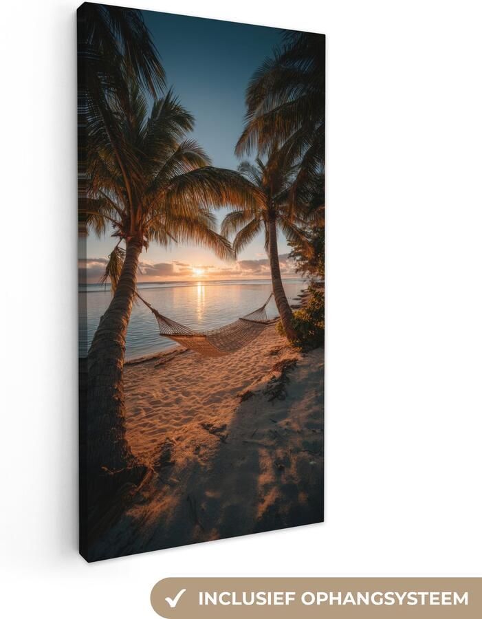 OneMillionCanvasses Canvas schilderij 40x80 cm Exclusieve wanddecoratie Palmbomen Hangmat Strand Zonsondergang Muurdecoratie woonkamer Slaapkamer decoratie Kamer accessoires Schilderijen op canvas