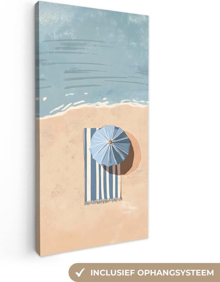 OneMillionCanvasses Canvas schilderij 40x80 cm Exclusieve wanddecoratie Strandlaken Strepen Parasol Strand Muurdecoratie woonkamer Slaapkamer decoratie Kamer accessoires Schilderijen op canvas