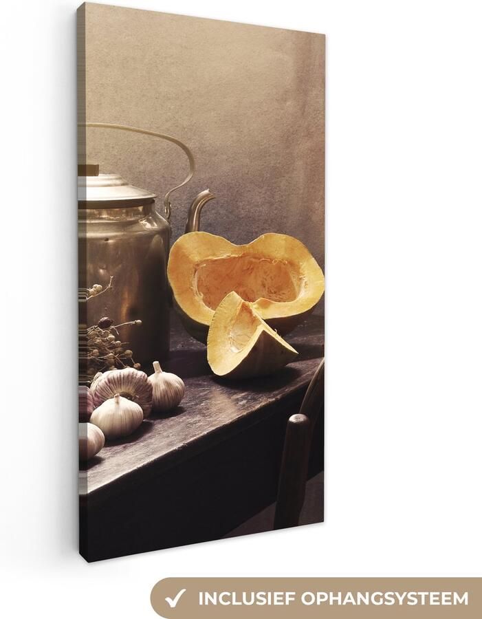 OneMillionCanvasses Canvas schilderij 80x160 cm Wanddecoratie Stilleven Pompoen Knoflook Pan Tafel Muurdecoratie woonkamer Slaapkamer decoratie Kamer accessoires Schilderijen op canvas