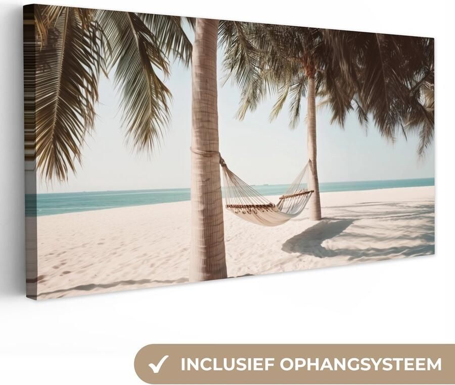 OneMillionCanvasses Canvas schilderij 200x100 cm Wanddecoratie Hangmat Palmbomen Strand Zee Muurdecoratie woonkamer Slaapkamer decoratie Kamer accessoires Schilderijen op canvas