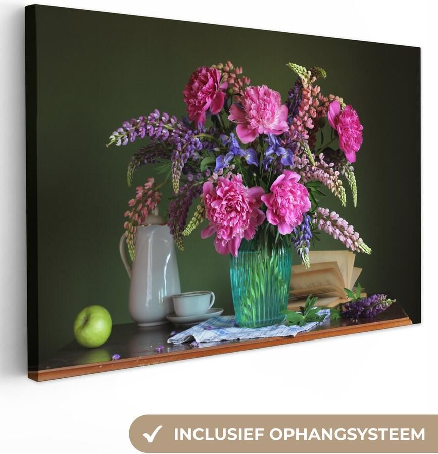 OneMillionCanvasses Canvas schilderij 120x80 cm Wanddecoratie Tafel Bloemen Stilleven Muurdecoratie woonkamer Slaapkamer decoratie Kamer accessoires Schilderijen op canvas