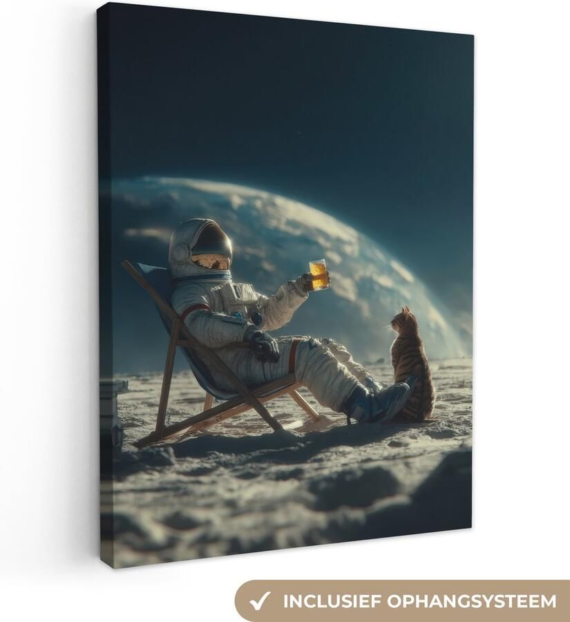 OneMillionCanvasses Canvas schilderij 90x120 cm Exclusieve wanddecoratie Astronaut Kat Glas Stoel Muurdecoratie woonkamer Slaapkamer decoratie Kamer accessoires Schilderijen op canvas