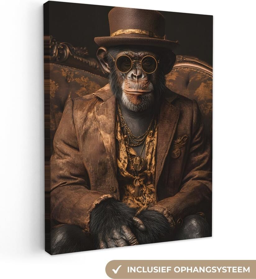 OneMillionCanvasses Canvas schilderij 90x120 cm Exclusieve wanddecoratie Chimpansee Stoel Pak Bruin Muurdecoratie woonkamer Slaapkamer decoratie Kamer accessoires Schilderijen op canvas