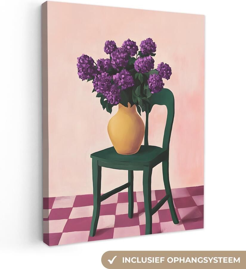 OneMillionCanvasses Canvas schilderij 90x120 cm Exclusieve wanddecoratie Stoel Vaas Bloemen Geblokt Muurdecoratie woonkamer Slaapkamer decoratie Kamer accessoires Schilderijen op canvas