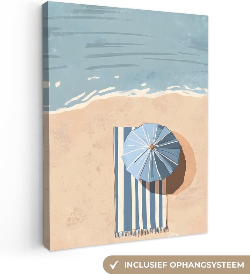 OneMillionCanvasses Canvas schilderij 90x120 cm Exclusieve wanddecoratie Strandlaken Strepen Parasol Strand Muurdecoratie woonkamer Slaapkamer decoratie Kamer accessoires Schilderijen op canvas