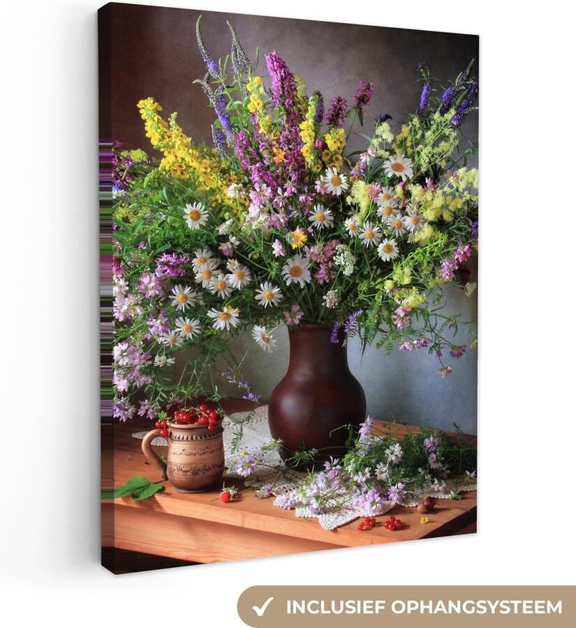 OneMillionCanvasses Canvas schilderij 60x80 cm Wanddecoratie Bloemen Tafel Stilleven Boeket Vaas Muurdecoratie woonkamer Slaapkamer decoratie Kamer accessoires Schilderijen op canvas