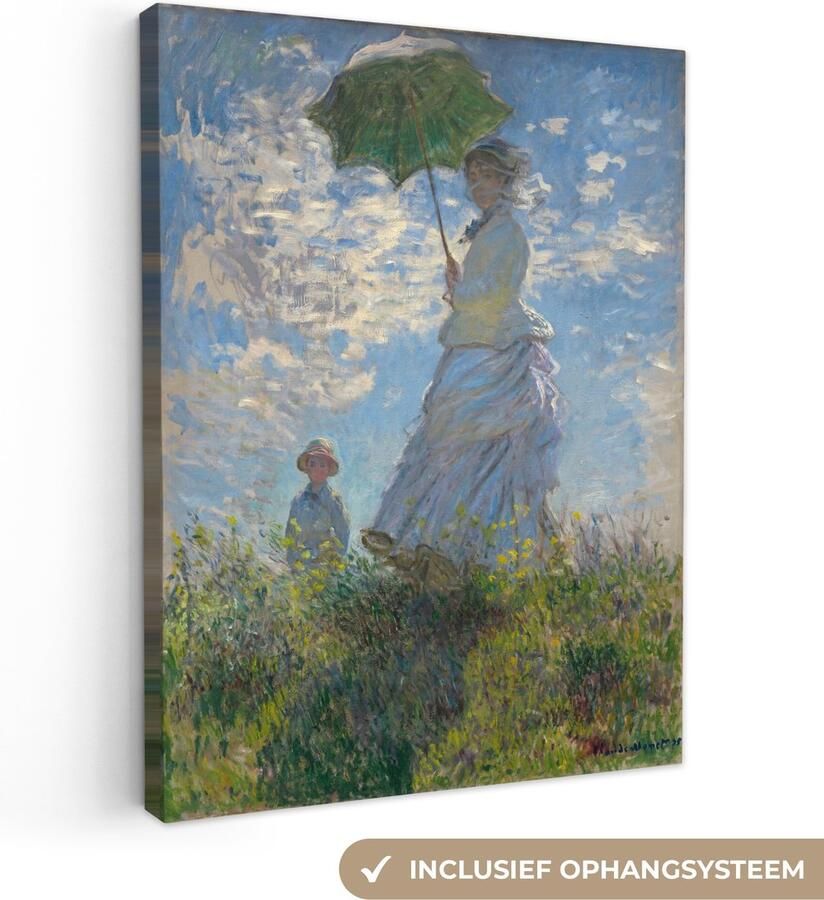 OneMillionCanvasses Canvas schilderij 90x120 cm Wanddecoratie Woman with a Parasol Schilderij van Claude Monet Muurdecoratie woonkamer Slaapkamer decoratie Kamer accessoires Schilderijen op canvas