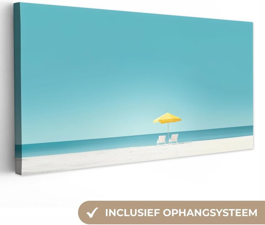 OneMillionCanvasses Canvas schilderij 40x20 cm Exclusieve wanddecoratie Strand Blauwe lucht Geel Parasol Muurdecoratie woonkamer Slaapkamer decoratie Kamer accessoires Schilderijen op canvas