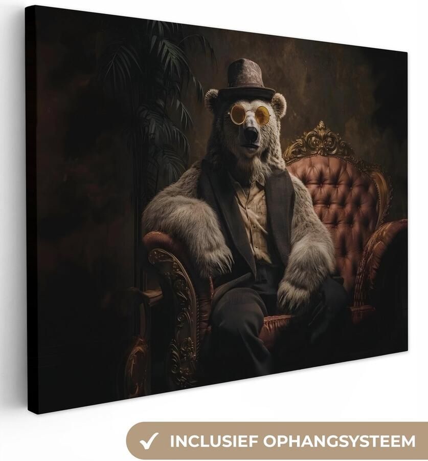 OneMillionCanvasses Canvas schilderij 120x90 cm Exclusieve wanddecoratie Ijsbeer Hoed Bril Stoel Muurdecoratie woonkamer Slaapkamer decoratie Kamer accessoires Schilderijen op canvas