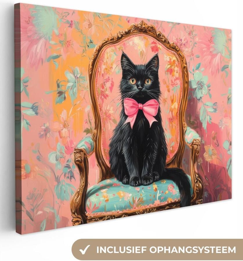 OneMillionCanvasses Canvas schilderij 120x90 cm Exclusieve wanddecoratie Kat Roze Stoel met bloemenmotief Muurdecoratie woonkamer Slaapkamer decoratie Kamer accessoires Schilderijen op canvas