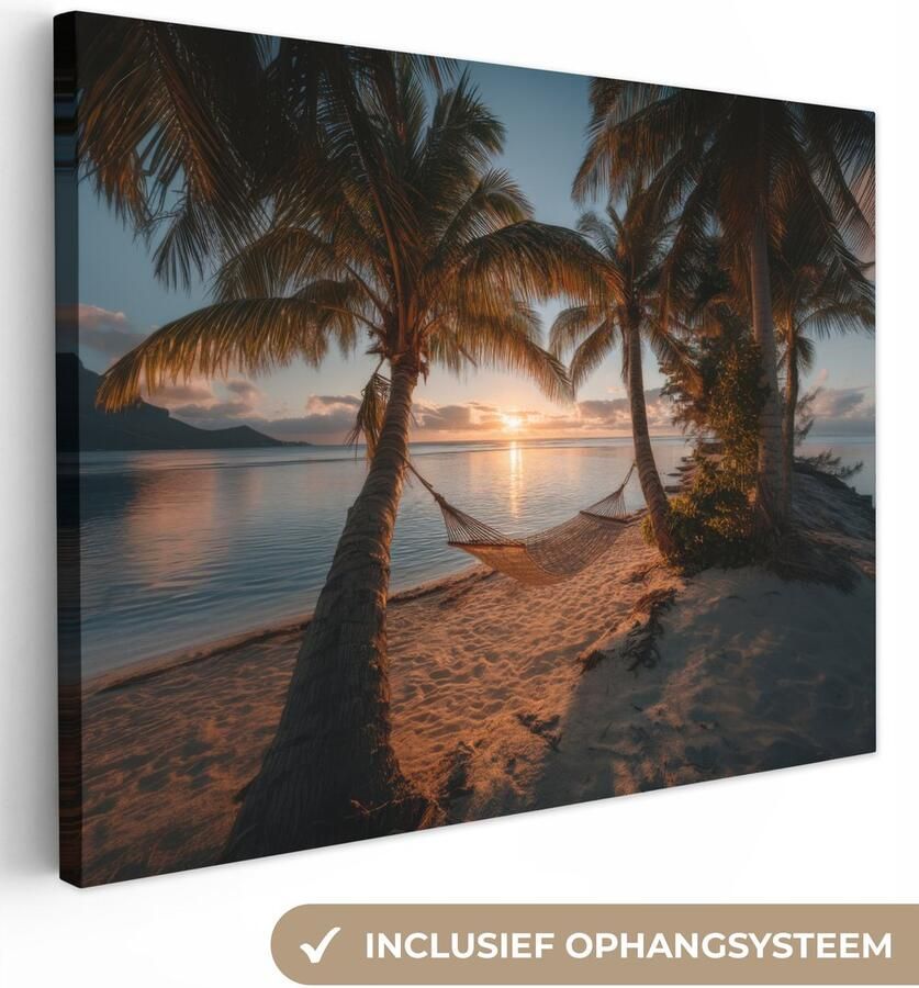 OneMillionCanvasses Canvas schilderij 120x90 cm Exclusieve wanddecoratie Palmbomen Hangmat Strand Zonsondergang Muurdecoratie woonkamer Slaapkamer decoratie Kamer accessoires Schilderijen op canvas