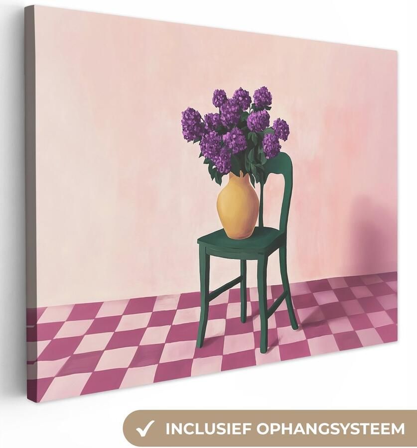 OneMillionCanvasses Canvas schilderij 120x90 cm Exclusieve wanddecoratie Stoel Vaas Bloemen Geblokt Muurdecoratie woonkamer Slaapkamer decoratie Kamer accessoires Schilderijen op canvas