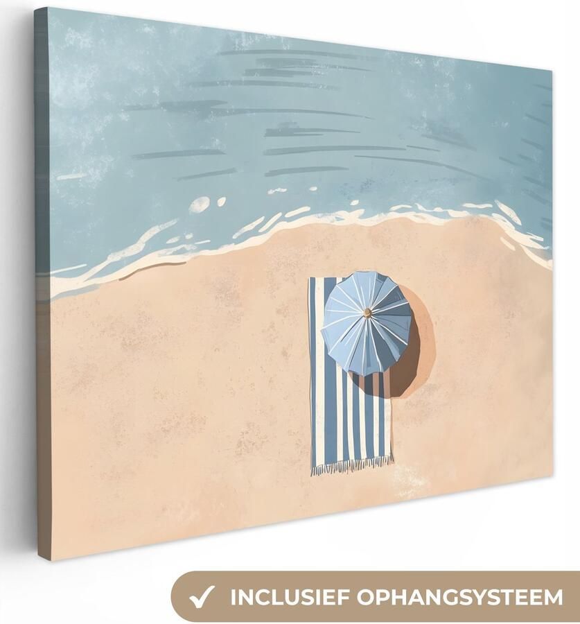 OneMillionCanvasses Canvas schilderij 120x90 cm Exclusieve wanddecoratie Strandlaken Strepen Parasol Strand Muurdecoratie woonkamer Slaapkamer decoratie Kamer accessoires Schilderijen op canvas