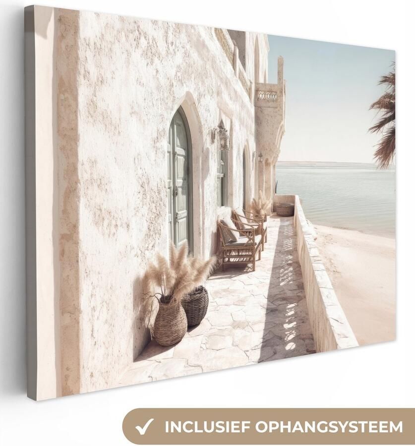 OneMillionCanvasses Canvas schilderij 160x120 cm Wanddecoratie Terras Stoelen Strand Beige Muurdecoratie woonkamer Slaapkamer decoratie Kamer accessoires Schilderijen op canvas