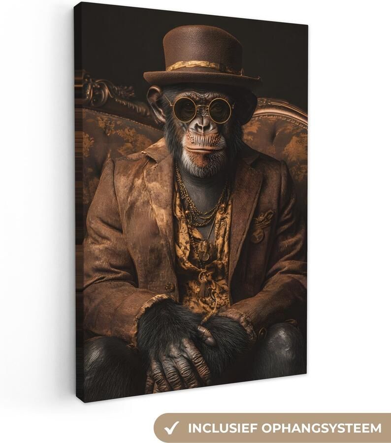 OneMillionCanvasses Canvas schilderij 40x60 cm Exclusieve wanddecoratie Chimpansee Stoel Pak Bruin Muurdecoratie woonkamer Slaapkamer decoratie Kamer accessoires Schilderijen op canvas