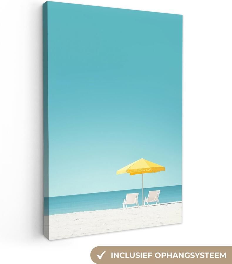OneMillionCanvasses Canvas schilderij 40x60 cm Exclusieve wanddecoratie Strand Blauwe lucht Geel Parasol Muurdecoratie woonkamer Slaapkamer decoratie Kamer accessoires Schilderijen op canvas