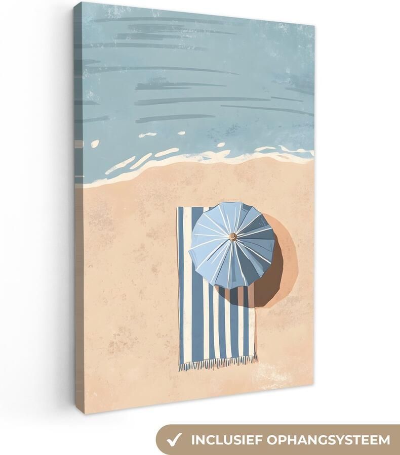 OneMillionCanvasses Canvas schilderij 40x60 cm Exclusieve wanddecoratie Strandlaken Strepen Parasol Strand Muurdecoratie woonkamer Slaapkamer decoratie Kamer accessoires Schilderijen op canvas
